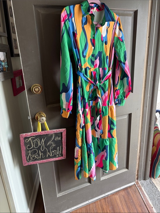 Pink Ripple Dresses & Skirts - Vibrant Multicolor Midi Shirt Dress with Tie Waist